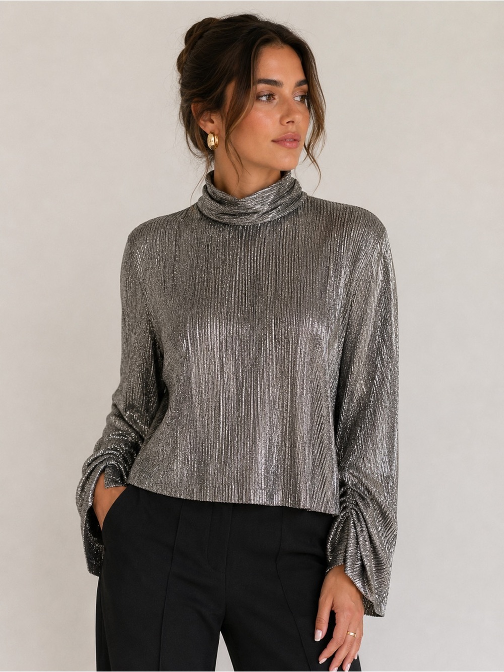 Zara Metallic Pleated Top – Silver, Size Small